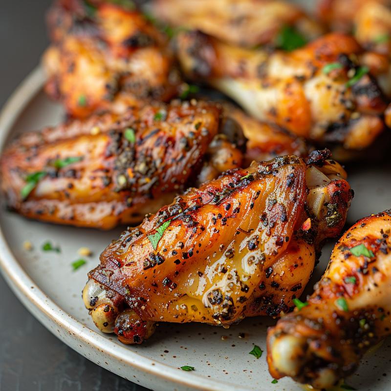 Close-up of crispy, golden-brown Mediterranean chicken wings on a grey plate.