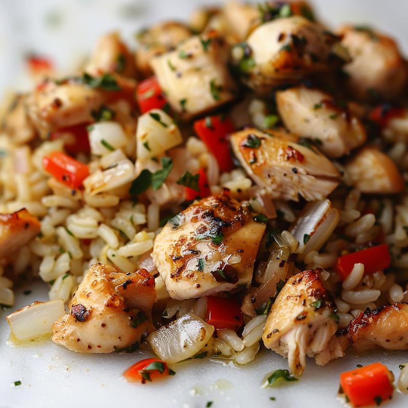 Close-up of Mediterranean chicken and rice on white marble.