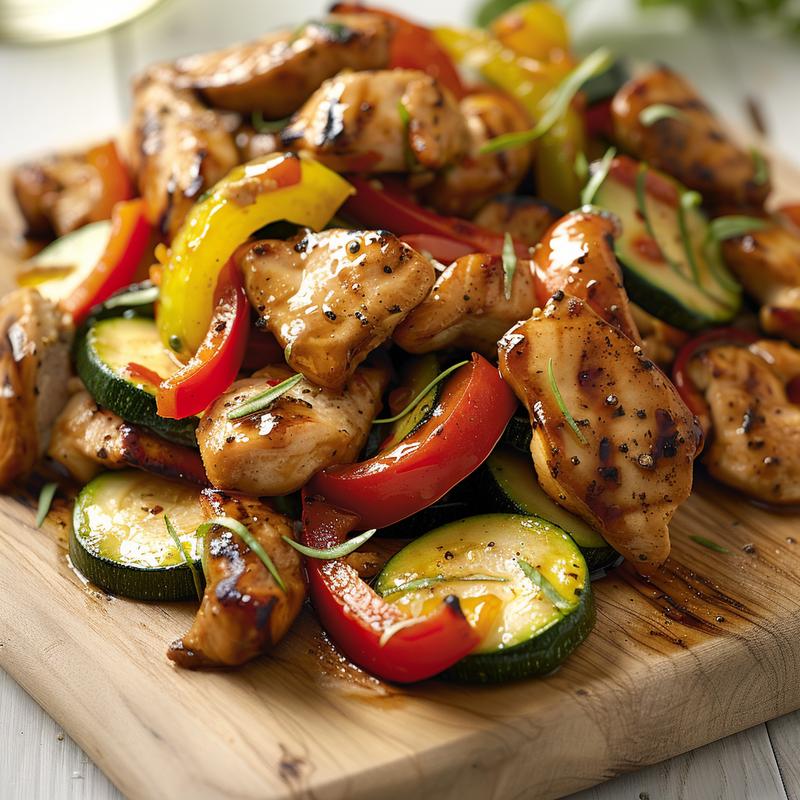 Close-up of Mediterranean chicken stir fry with chicken, bell peppers, and zucchini on a wood board.