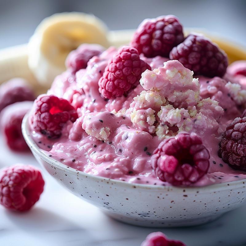 Close-up of a pink raspberry smoothie bowl.