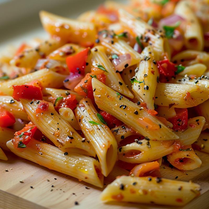 Close-up of a colorful Mediterranean vegetable pasta bake.