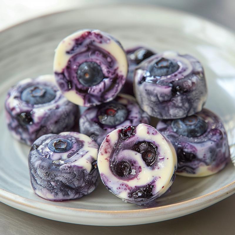 Close-up of blueberry swirl yogurt bites on a light grey plate.