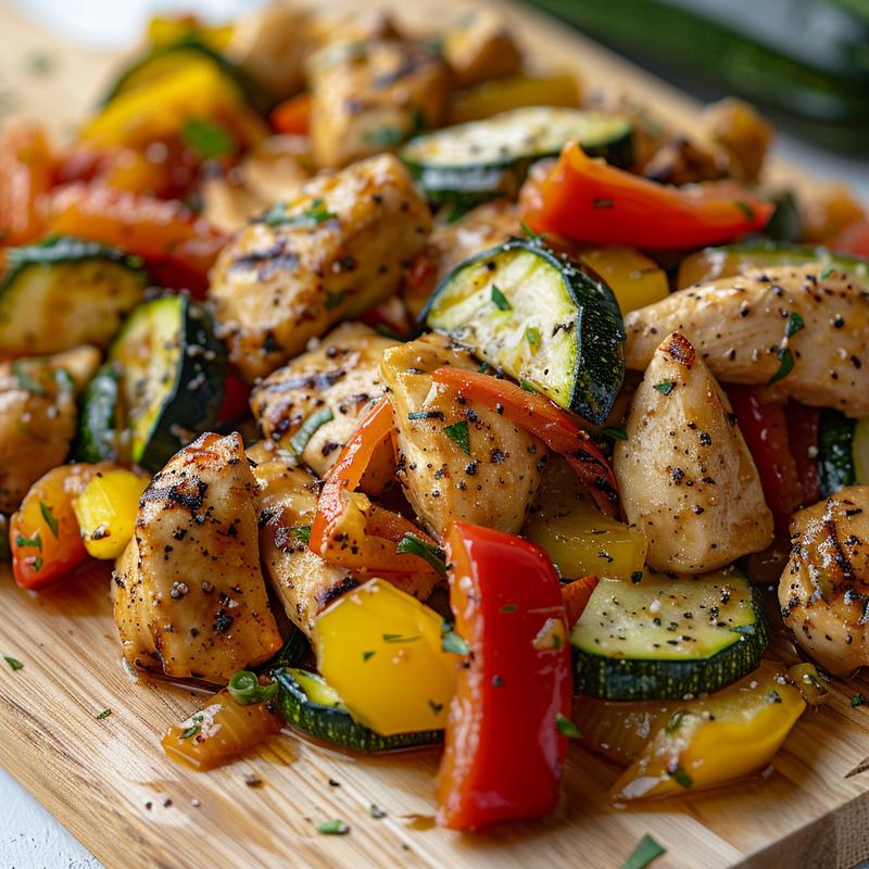 Close-up of vibrant chicken stir-fry with peppers and zucchini.