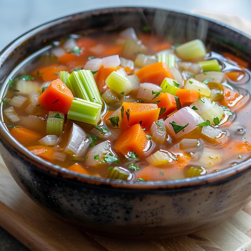 Steaming bowl of vegetable soup with visible ingredients, close-up view.