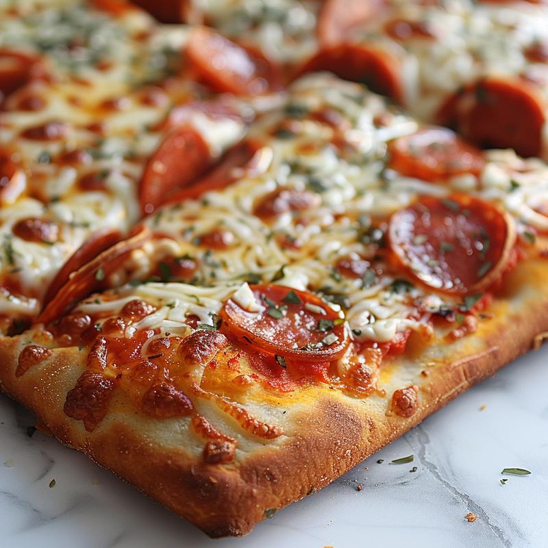 Close-up of a small, simply topped pizza on white marble.