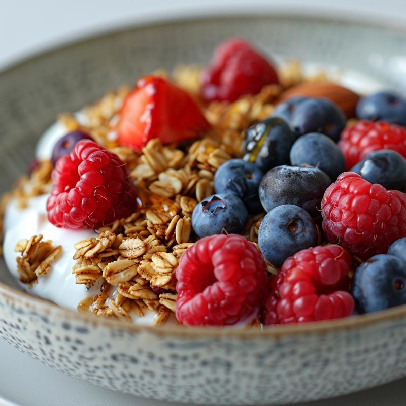 Close-up of yogurt granola bowl with berries and nuts on a grey plate.