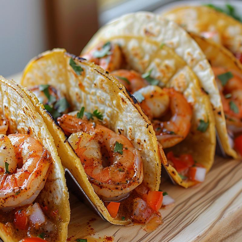 Close-up of vibrant shrimp tacos with visible spices.