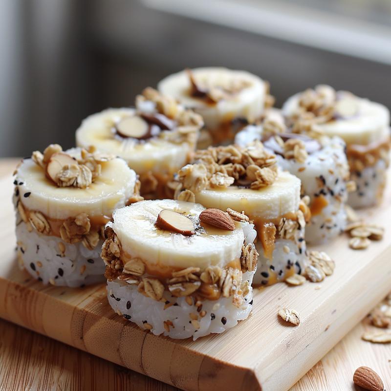 Close-up of banana sushi rolls on a wooden board.