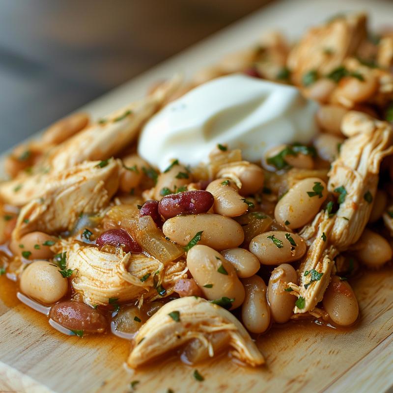 Close-up of creamy white chicken chili with visible beans and chicken.