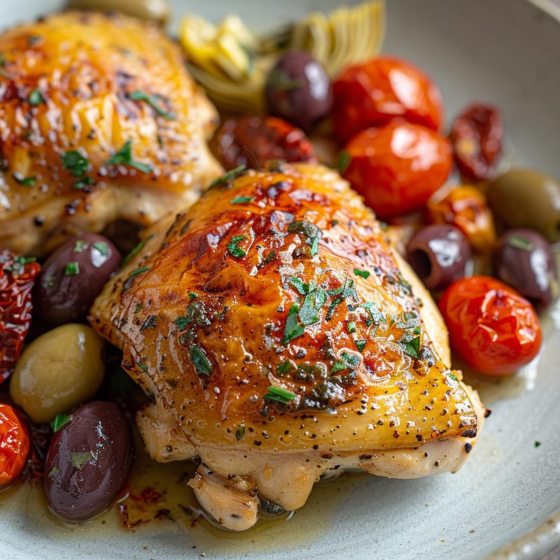 Close-up of Mediterranean chicken with tomatoes, olives, and artichoke hearts on a grey plate.