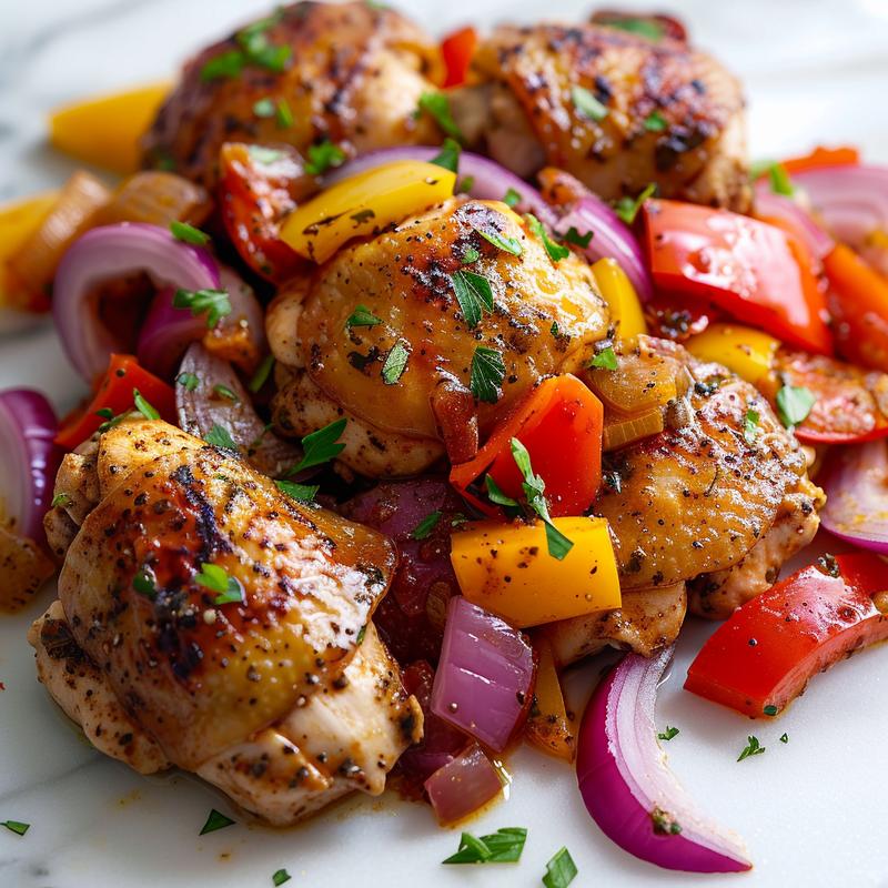 Close-up of slow cooker Greek chicken with visible vegetables on a white marble surface.