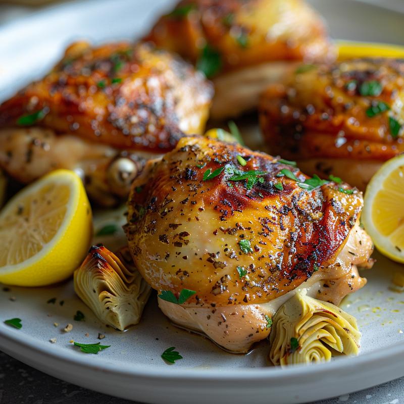 Close-up of crockpot Greek chicken with visible artichoke hearts on a gray plate.