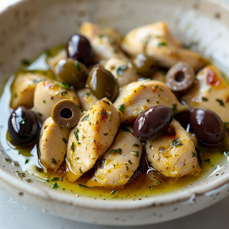 Close-up of Greek chicken with olives on a gray plate.