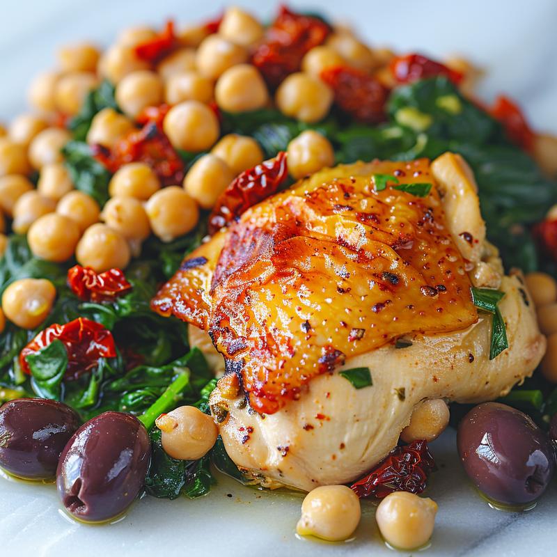 Close-up of Mediterranean chicken with feta and spinach in a white bowl.