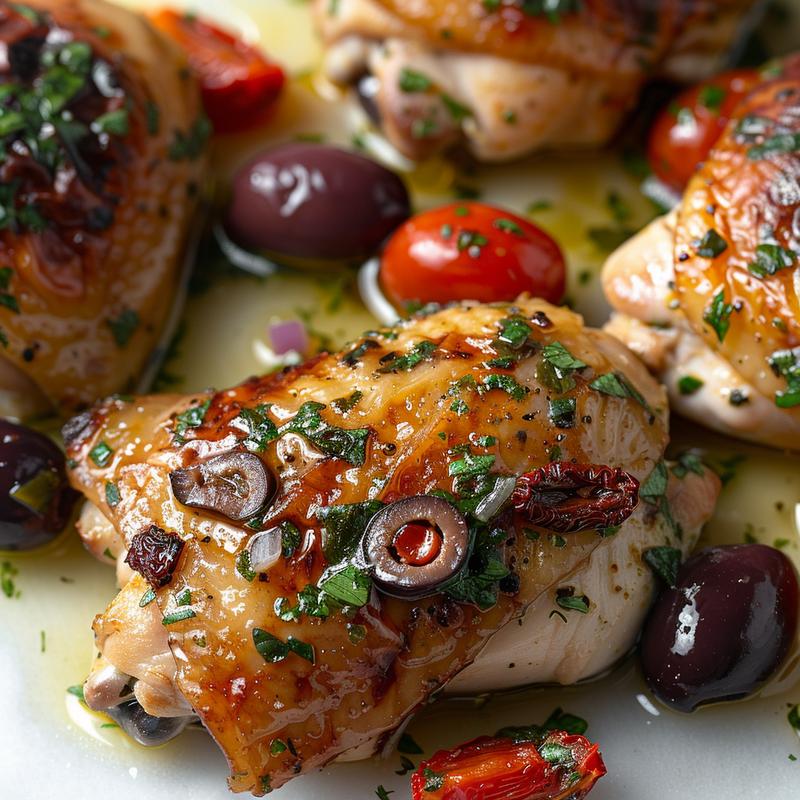 Close-up of Mediterranean chicken in a white bowl.