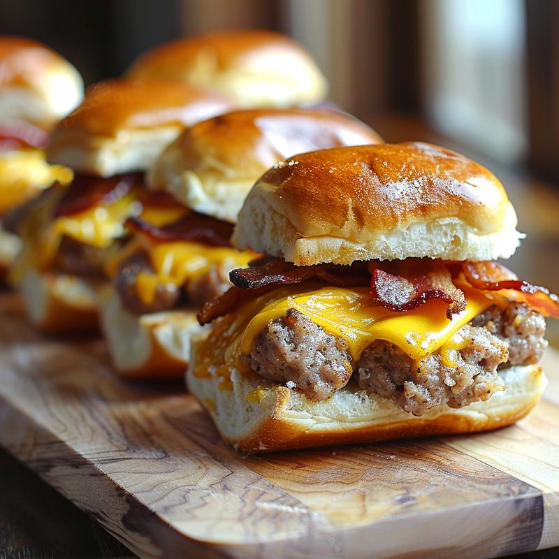 Close-up of stacked breakfast sliders with sausage, cheese, bacon, and egg on Hawaiian rolls.