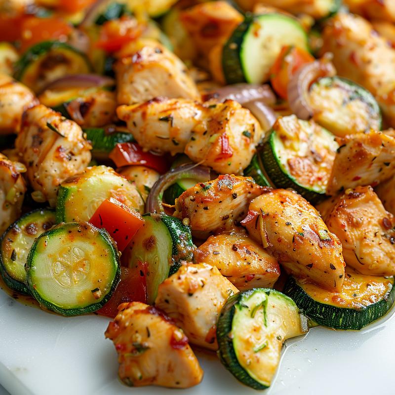 Close-up of Mediterranean chicken zucchini bake with visible chicken cubes, zucchini slices, red pepper, onion, and tomatoes.