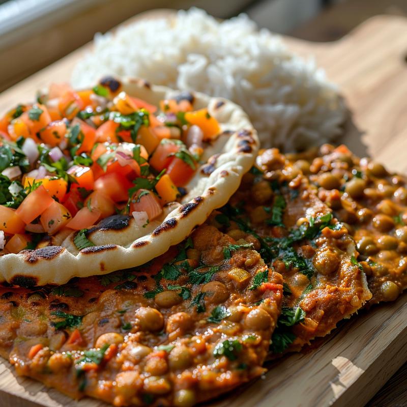 Close-up of a vibrant Punjabi tiffin with visible lentils, vegetables, and spices.