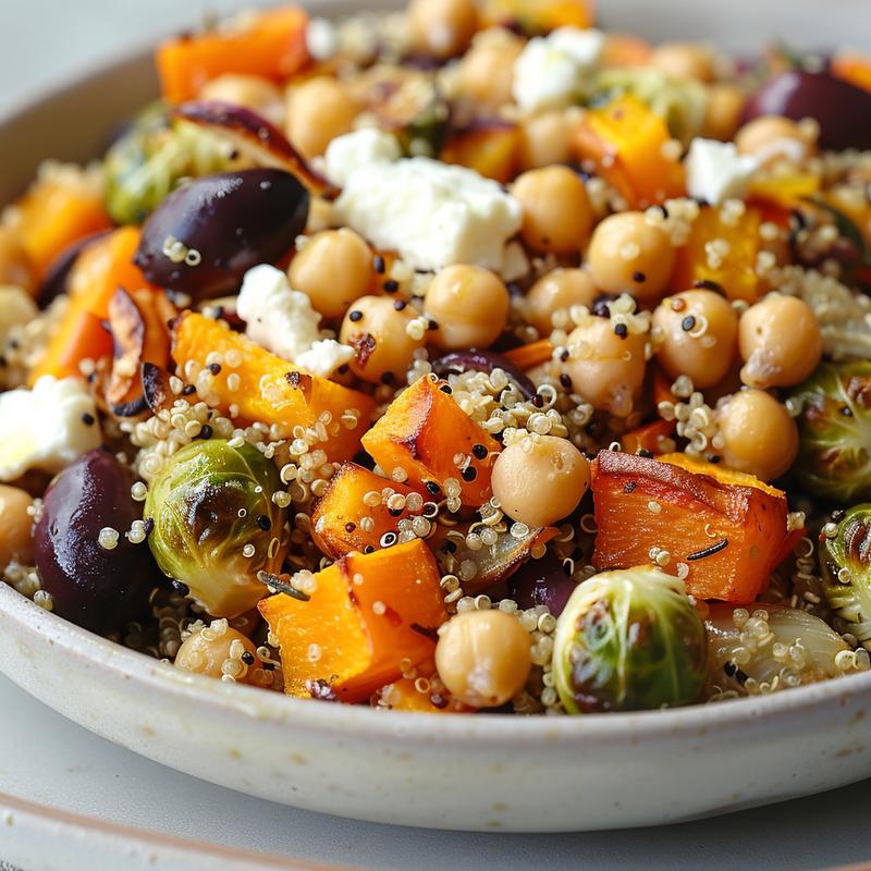 Close-up of a quinoa bowl with roasted winter vegetables, feta, and olives.