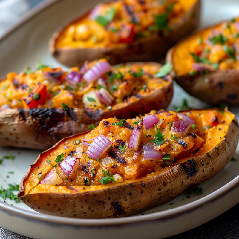 Close-up of a vibrant Mediterranean stuffed sweet potato on a grey ceramic plate.