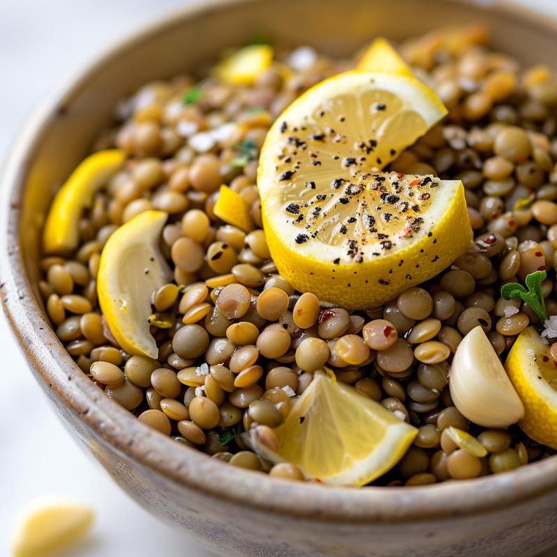 Close-up of Mediterranean lentil salad with visible lemon, garlic, and spices on white marble.