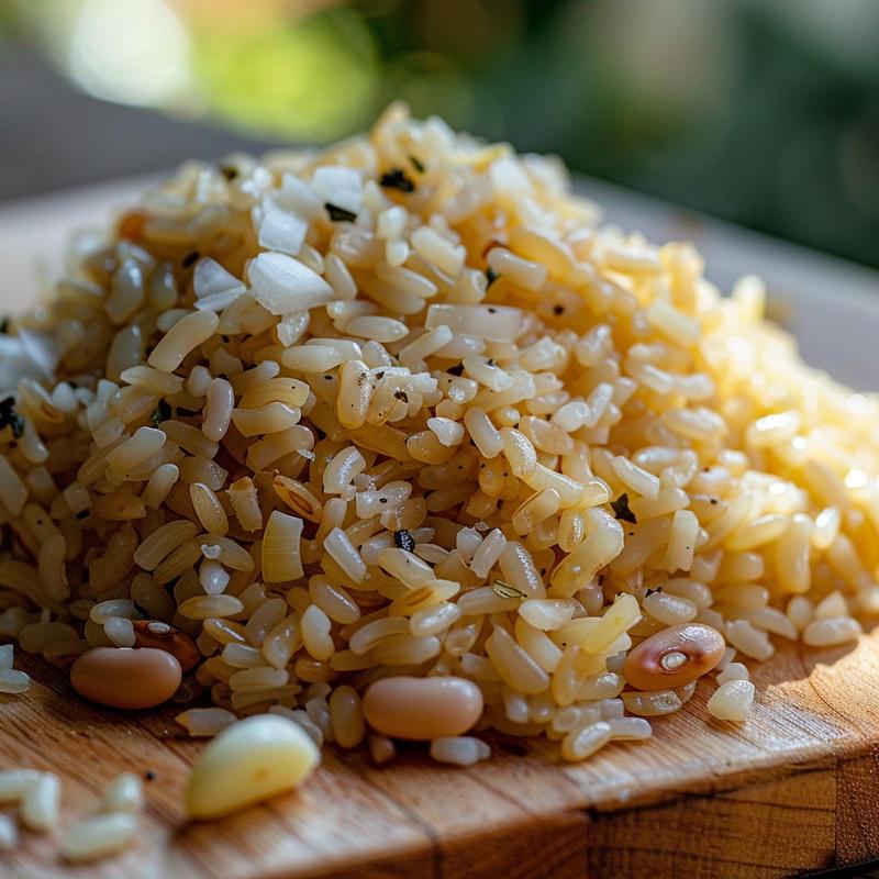 Close-up of Mediterranean rice and beans with visible ingredients on a light wood board.