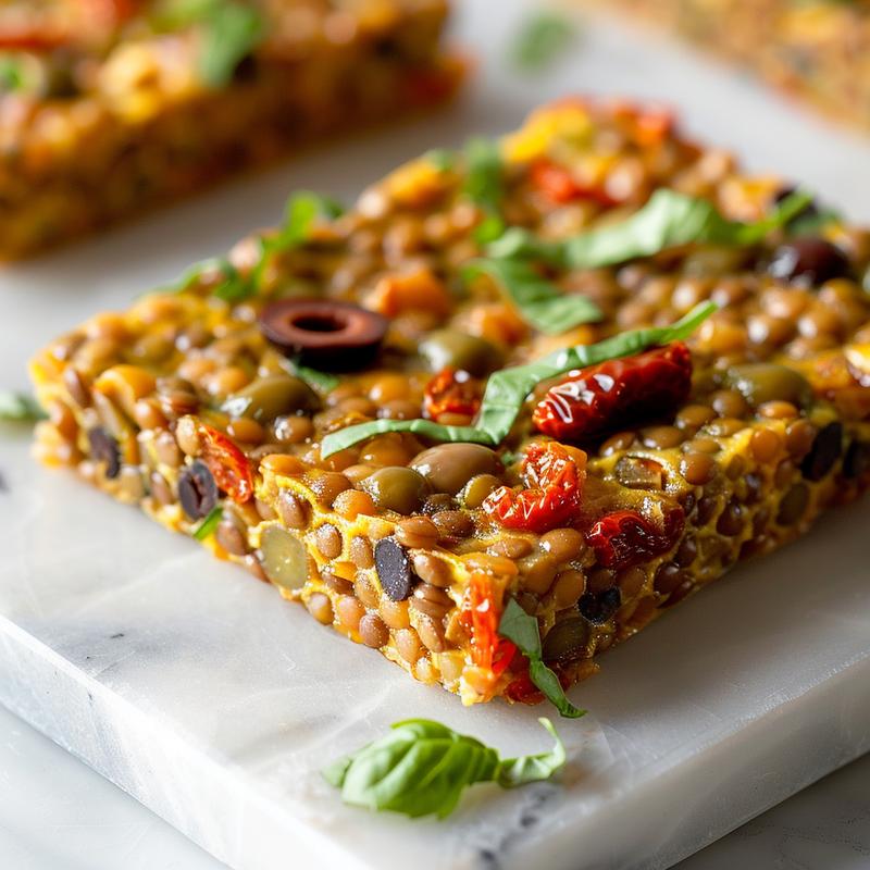 Close-up of a vegan lentil frittata with visible lentils, tomatoes, and olives on marble.
