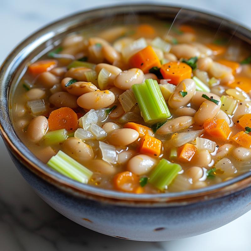 Close-up of white bean soup with visible vegetables on marble.