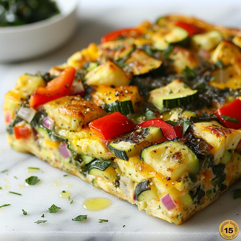 Close-up of Mediterranean vegetable casserole with visible red pepper, zucchini, and spinach.