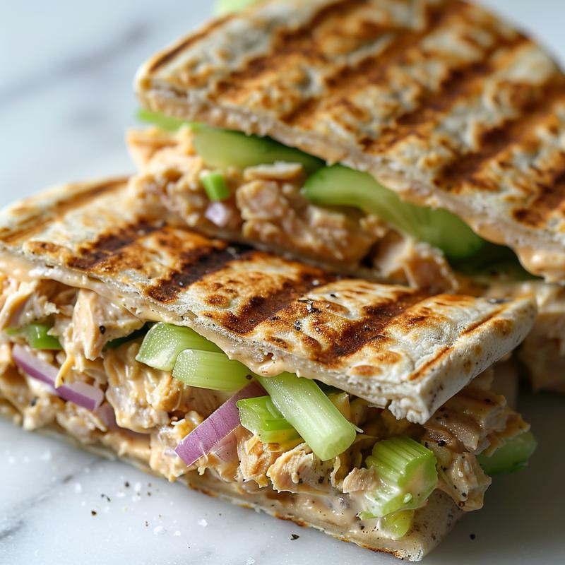 Close-up of a tuna melt wrap showing tuna, celery, and onion.