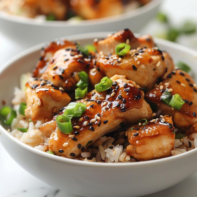Close-up of glossy, sticky chicken pieces on a bed of white rice.