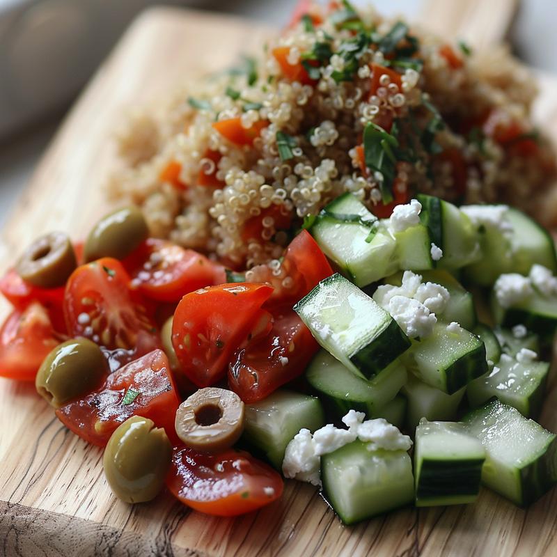 Close-up of a Mediterranean diet meal: quinoa, cucumber, tomato, olives, and feta on wood.