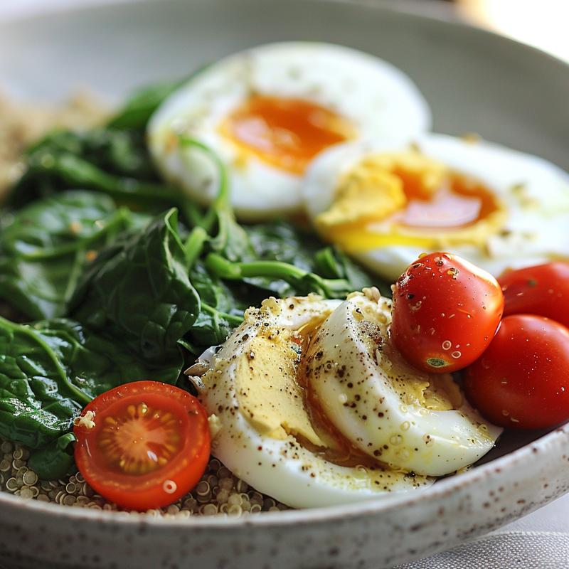 Close-up of a Mediterranean breakfast bowl with quinoa, eggs, spinach, tomatoes, and olive oil on a light grey plate.