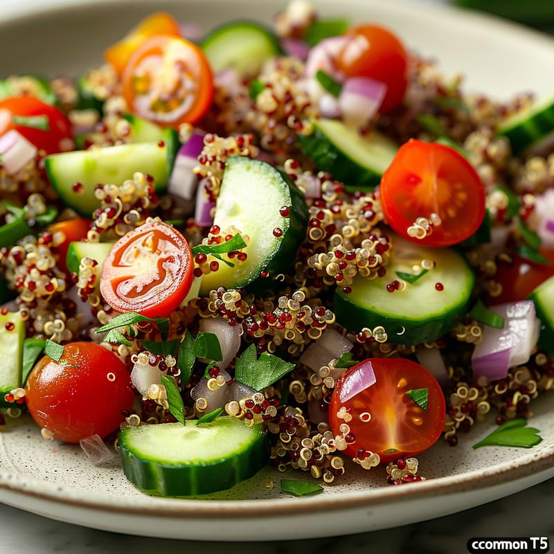 Close-up of Mediterranean quinoa bowl with visible quinoa, vegetables, and light grey plate.