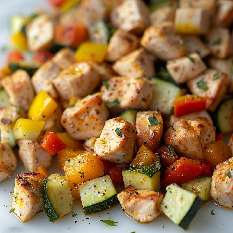 Close-up of Mediterranean meal prep with chicken, peppers, and zucchini.