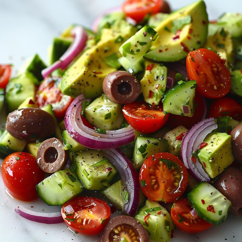Close-up of a vibrant avocado salad with diced avocado, cucumber, red onion, tomatoes, and olives on white marble.