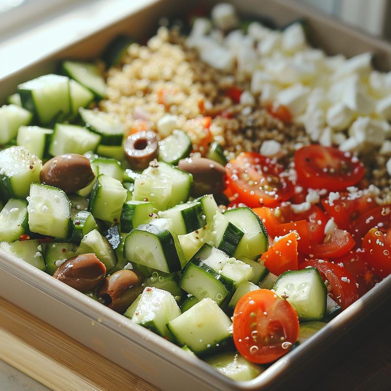 Close-up of a Mediterranean meal prep lunch box featuring quinoa, cucumber, tomatoes, olives, and feta on a light wood board.