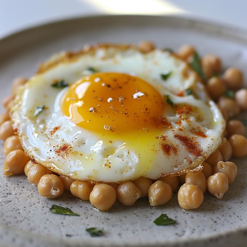 Close-up of chickpea fried eggs on a light grey plate.