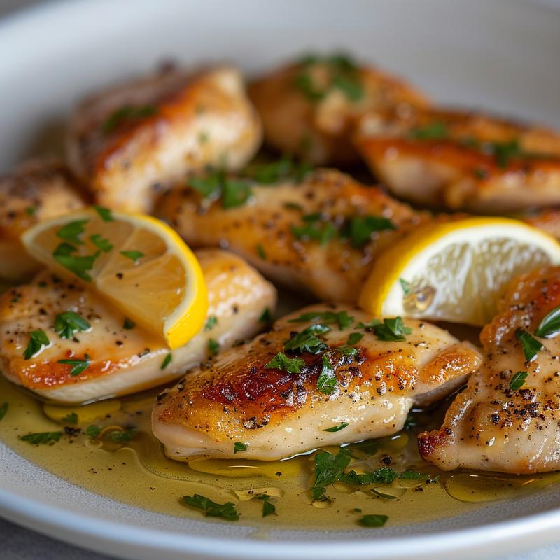 Close-up of chicken piccata with lemon sauce on a grey plate.