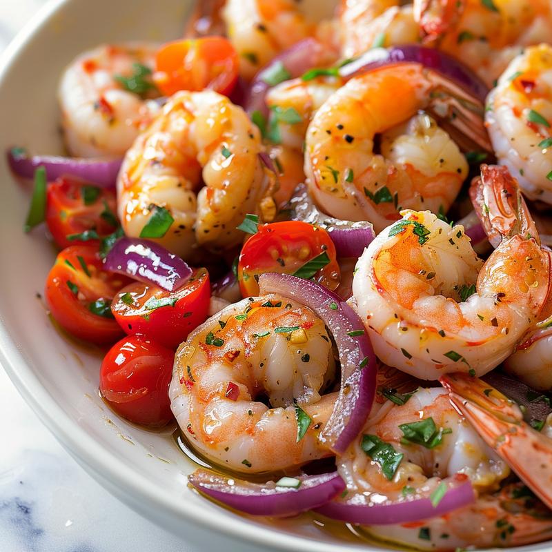 Close-up of Mediterranean shrimp skillet with shrimp, tomatoes, and red onion on white marble.
