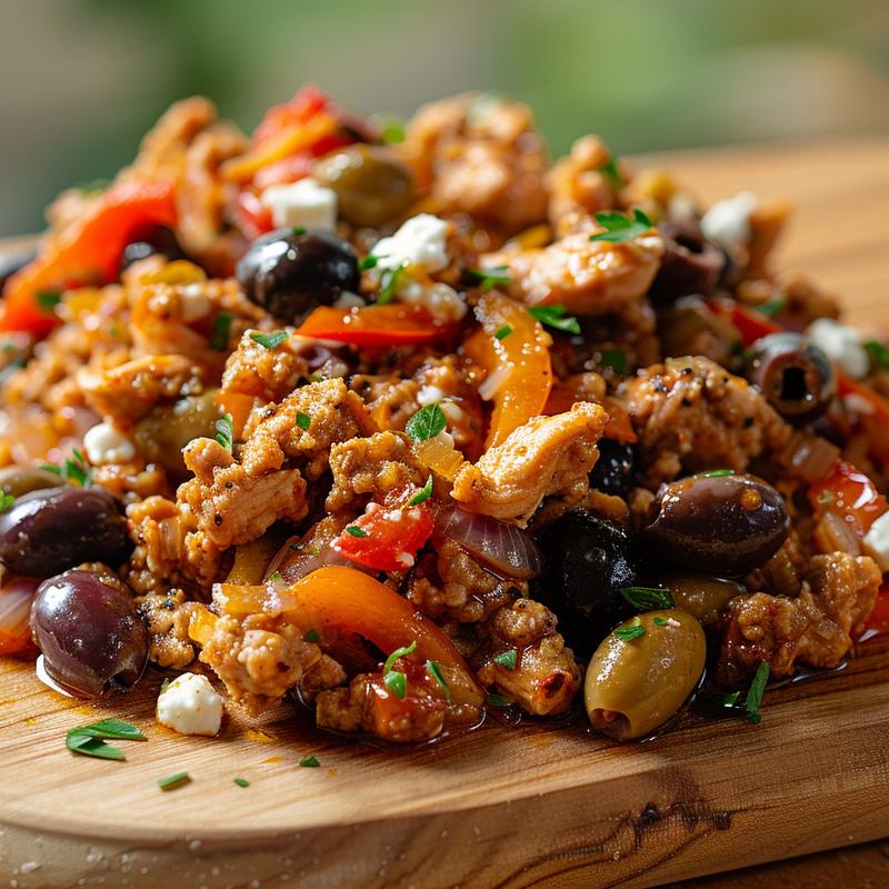 Close-up of a Mediterranean ground chicken skillet with olives and feta on a light wood board.