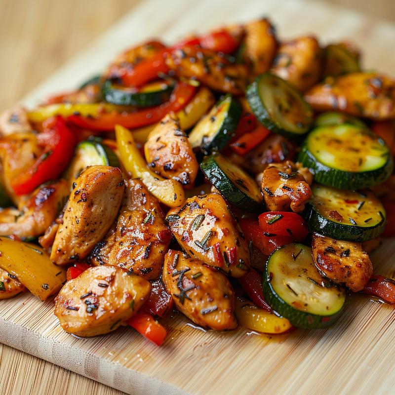 Close-up of chicken stir-fry with peppers and zucchini on wood.