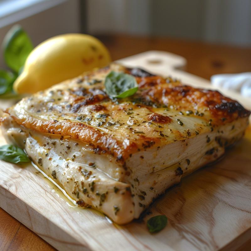 Close-up of Mediterranean keto chicken bake with visible herbs and lemon.