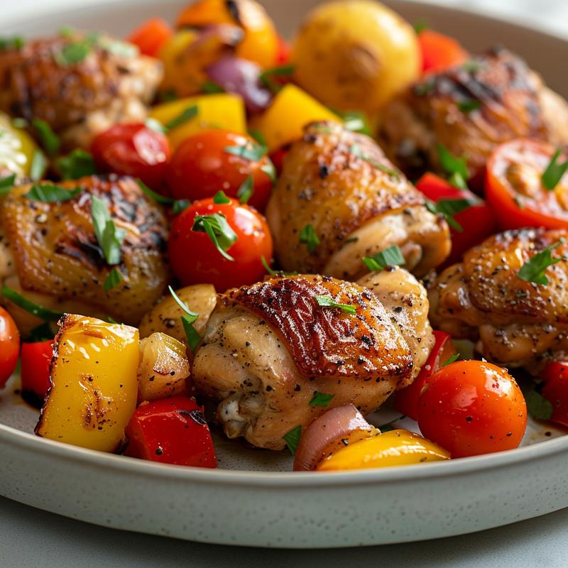 Close-up of Mediterranean chicken and vegetables on a light grey plate.