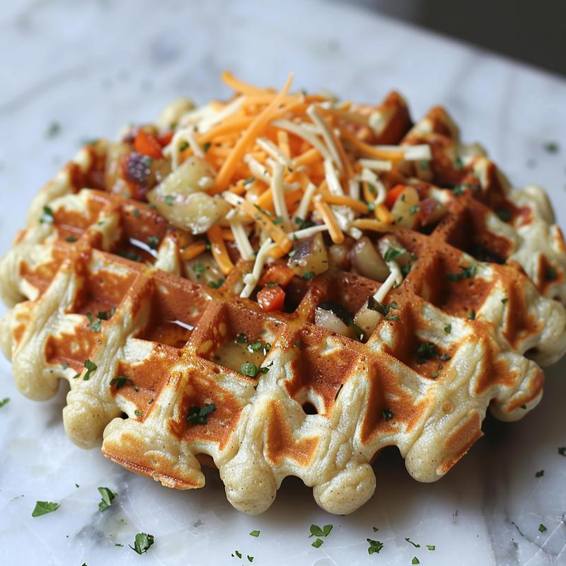 Close-up of savory waffles with cheese and veggies on white marble.