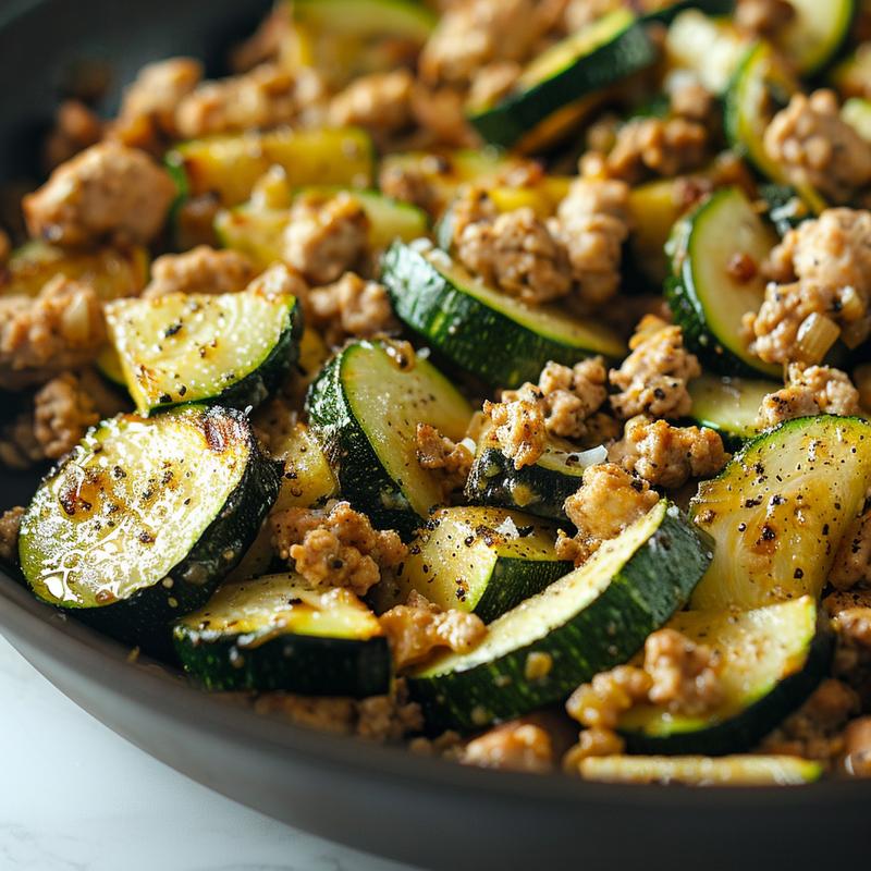 Close-up of ground turkey and zucchini skillet dish.