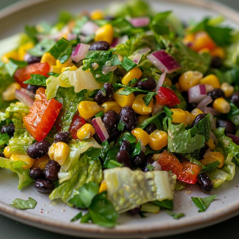 Close-up of Santa Fe salad showing lettuce, beans, corn, pepper, and onion.