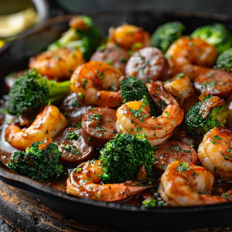 Close-up of garlic butter shrimp, sausage, and broccoli on dark surface.
