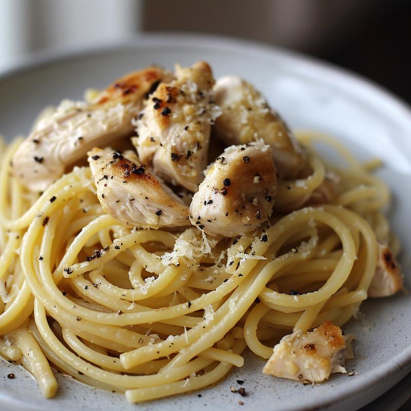Close-up of creamy garlic parmesan chicken pasta.
