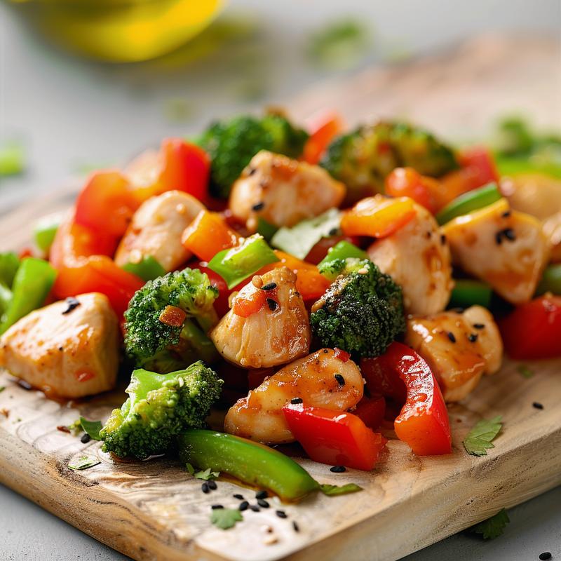 Close-up of chicken and veggie stir fry on wood board.